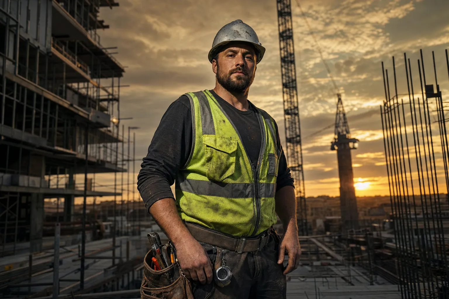 A construction worker in a hard hat and safety vest on a steel-frame job site at sunset
