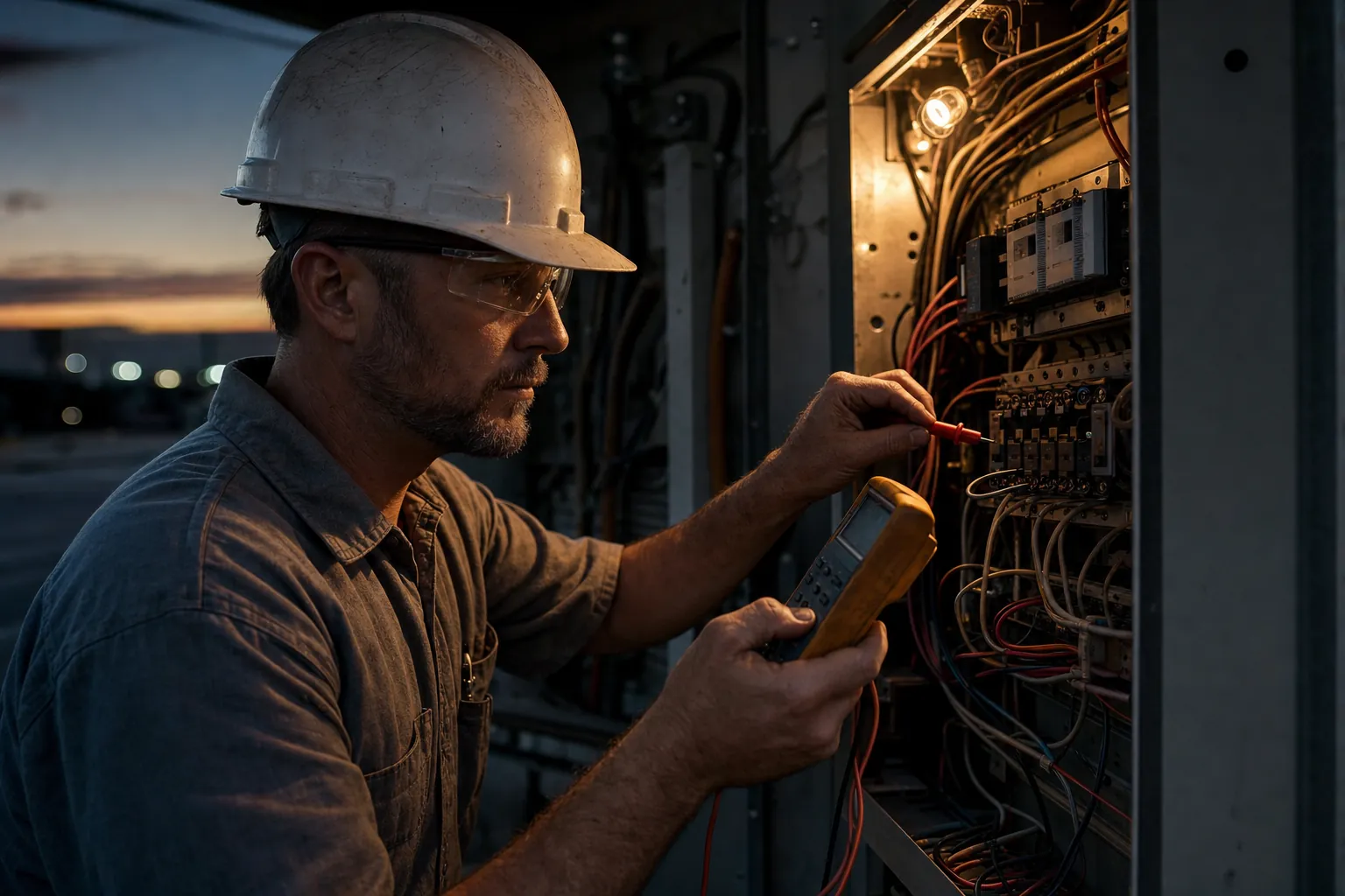 An electrician in a hard hat testing wiring in an open electrical panel