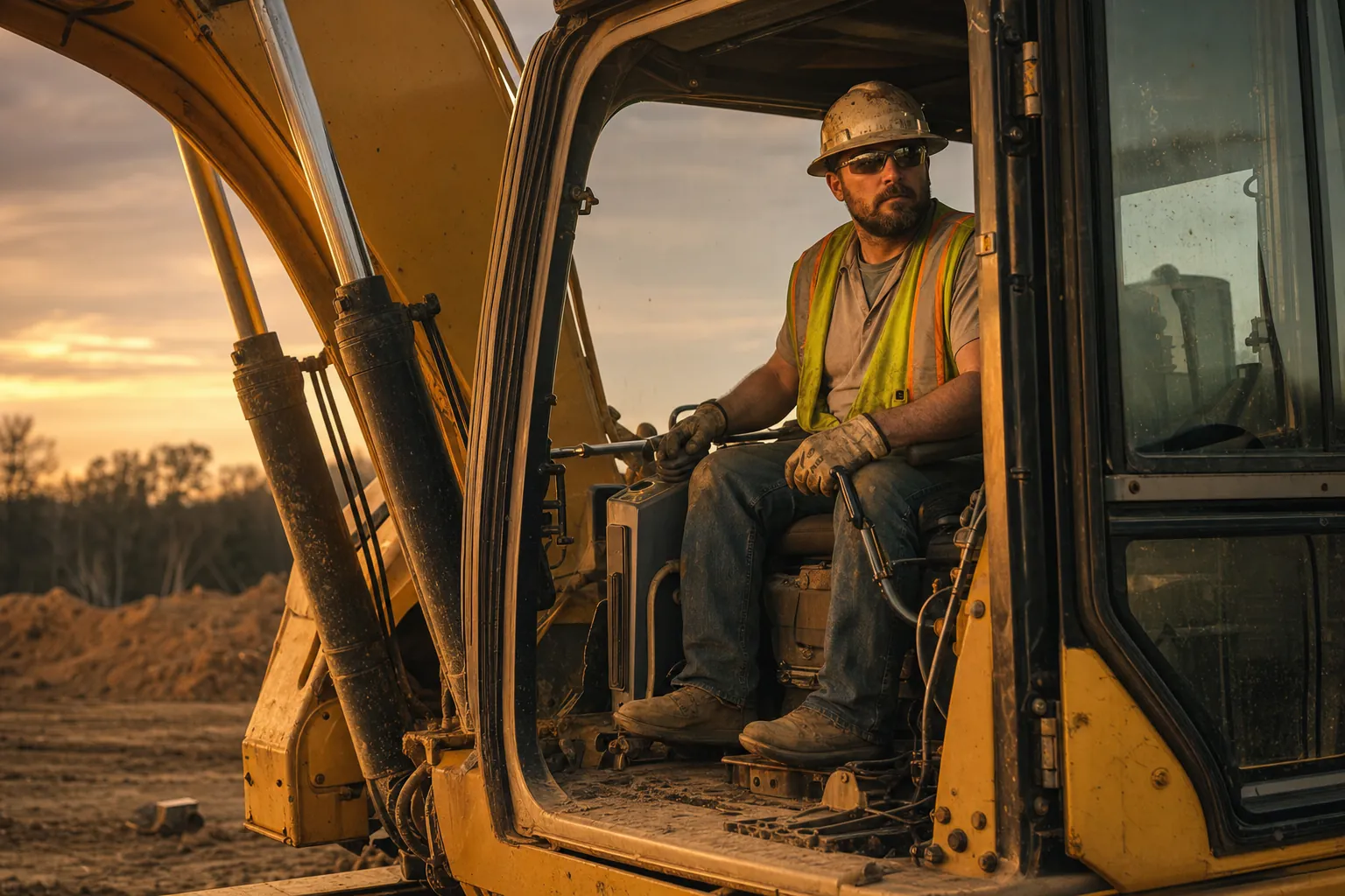 A heavy equipment operator in the cab of a yellow excavator on a job site