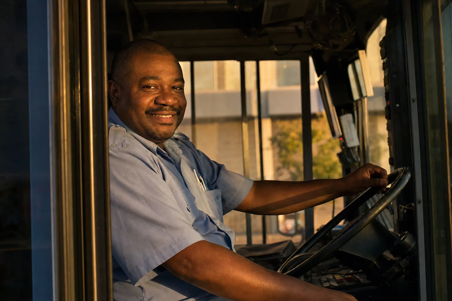 A smiling city bus driver at the wheel of a transit bus